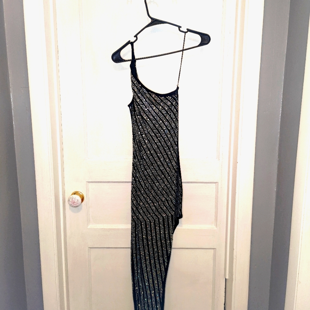 Banjul one shoulder rhinestone sheer dress